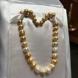 Na Hoku 9-12mm Gold & White South Sea 33 Pearl Strand with 14KY Plumeria clasp